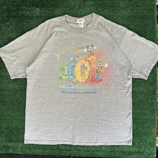 Vintage Y2K Walt Disney World 2001 T-Shirt Mickey Gray L Colorful Kidcore Cartoon