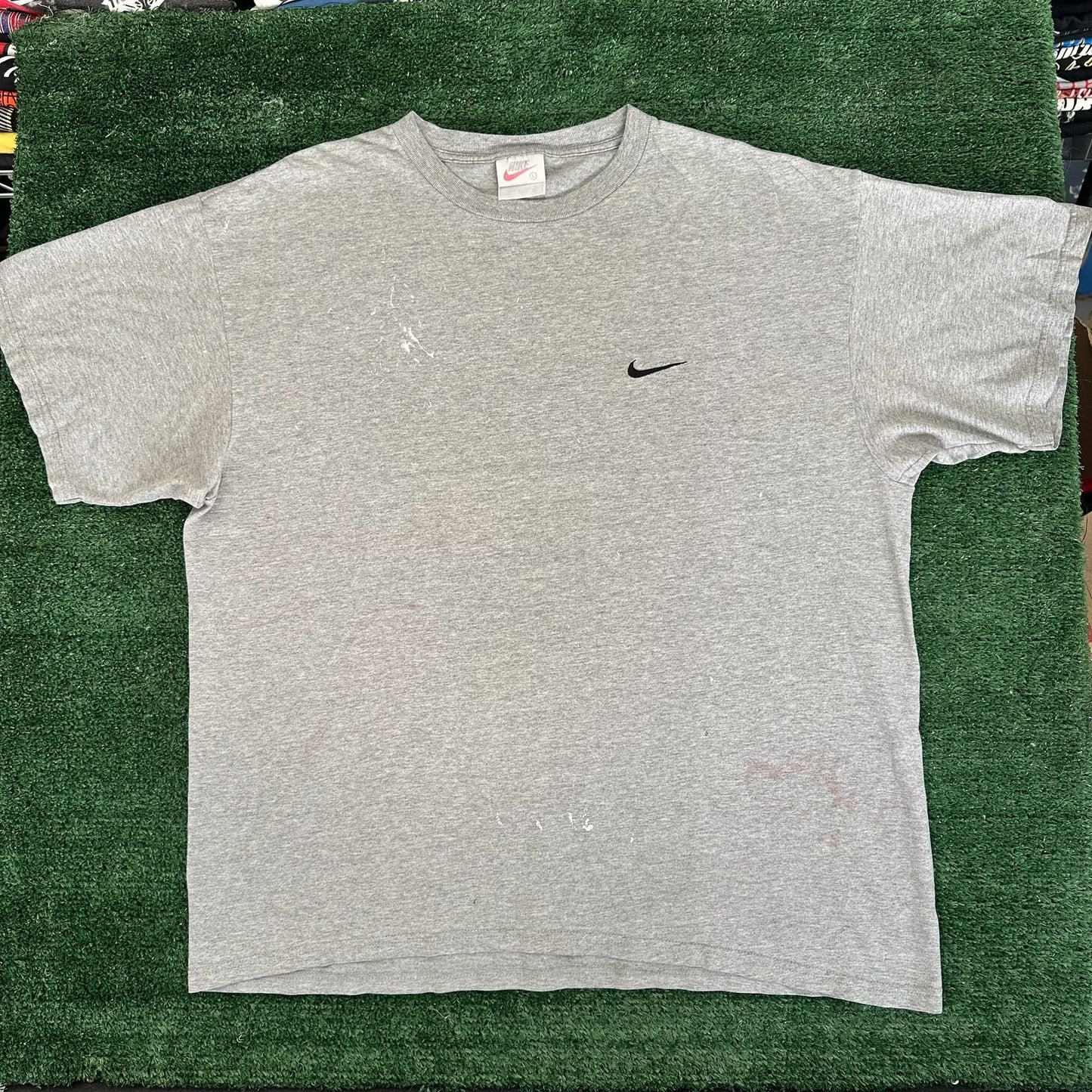 Vintage 90s Nike Mini Swoosh T-Shirt Gray L Embroidered Distressed Streetwear