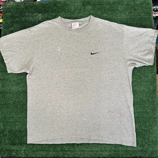 Vintage 90s Nike Mini Swoosh T-Shirt Gray L Embroidered Distressed Streetwear