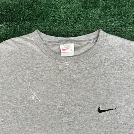 Vintage 90s Nike Mini Swoosh T-Shirt Gray L Embroidered Distressed Streetwear