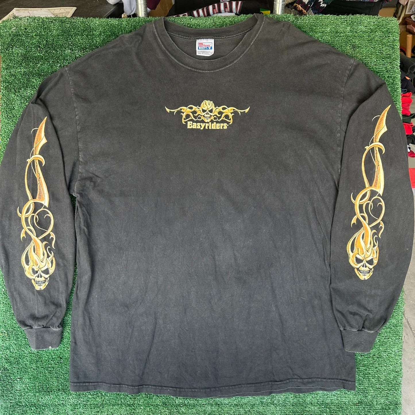 Vintage 90s Easyriders Flame Skull T-Shirt Long Sleeve Goth Grunge Biker XXL Y2K