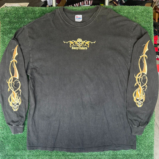Vintage 90s Easyriders Flame Skull T-Shirt Long Sleeve Goth Grunge Biker XXL Y2K
