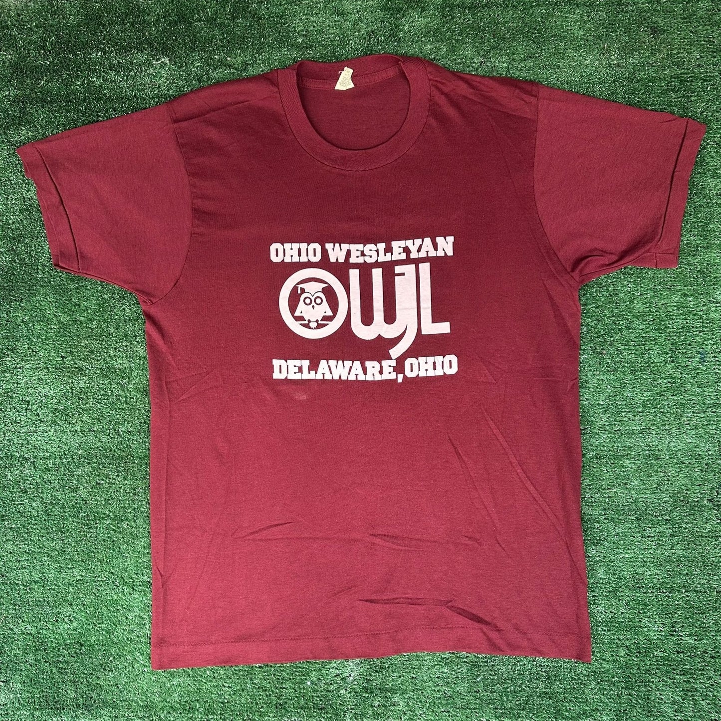 Vintage 80s OWU Ohio Wesleyan Owl T-Shirt Maroon Single Stitch 50/50 Collegiate