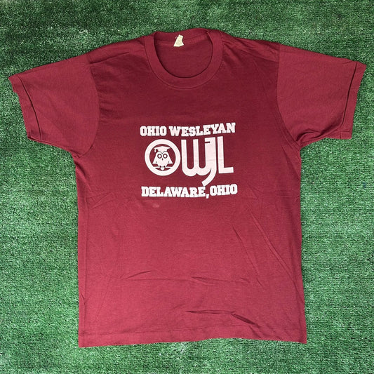Vintage 80s OWU Ohio Wesleyan Owl T-Shirt Maroon Single Stitch 50/50 Collegiate