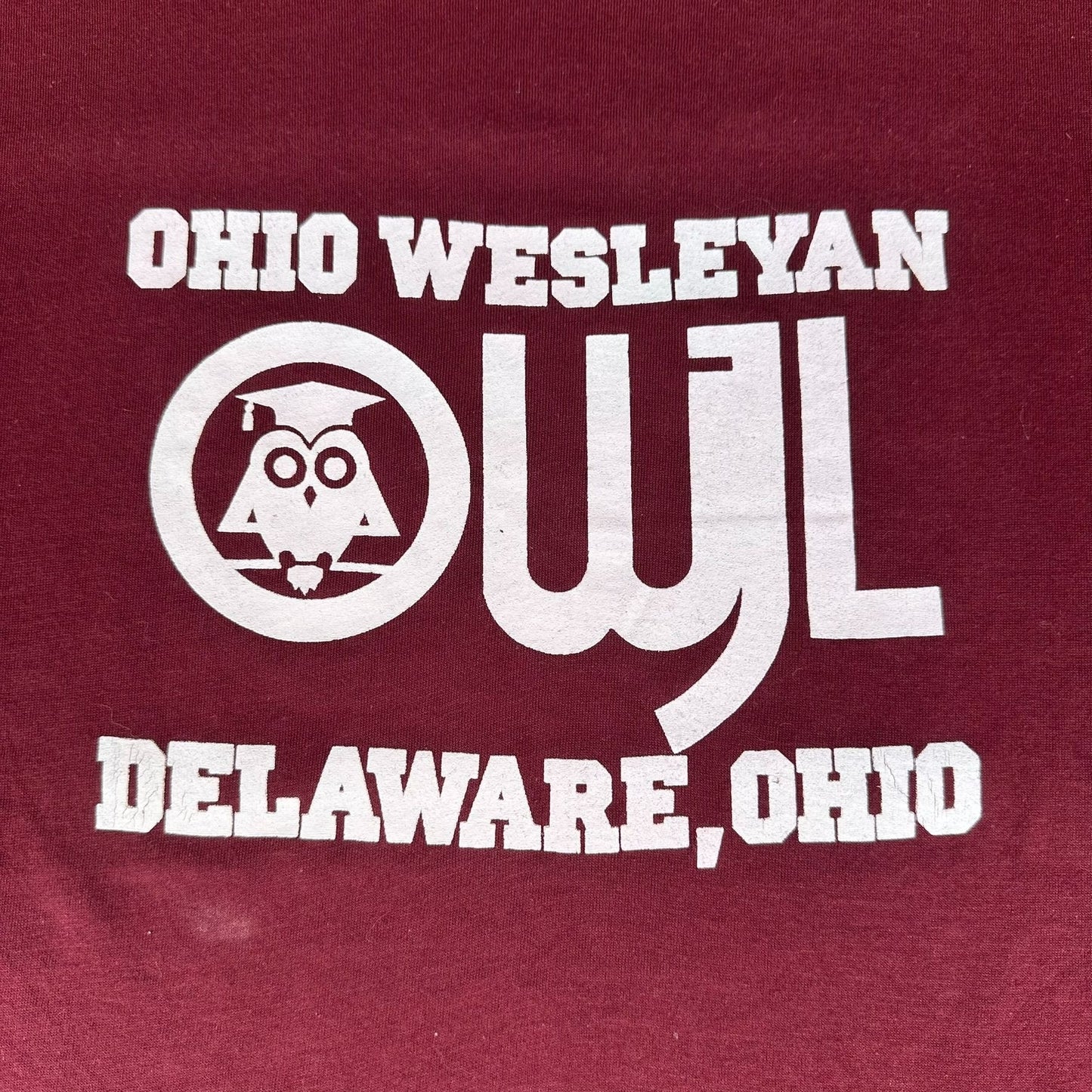 Vintage 80s OWU Ohio Wesleyan Owl T-Shirt Maroon Single Stitch 50/50 Collegiate