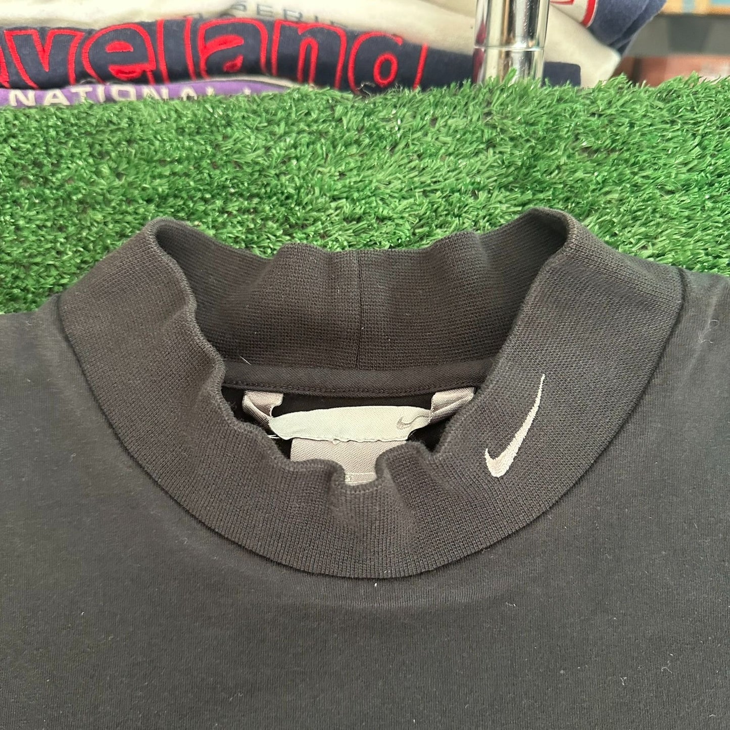 Vintage Y2K Nike Swoosh Mock Neck T-Shirt Long Sleeve Black L Minimal Streetwear
