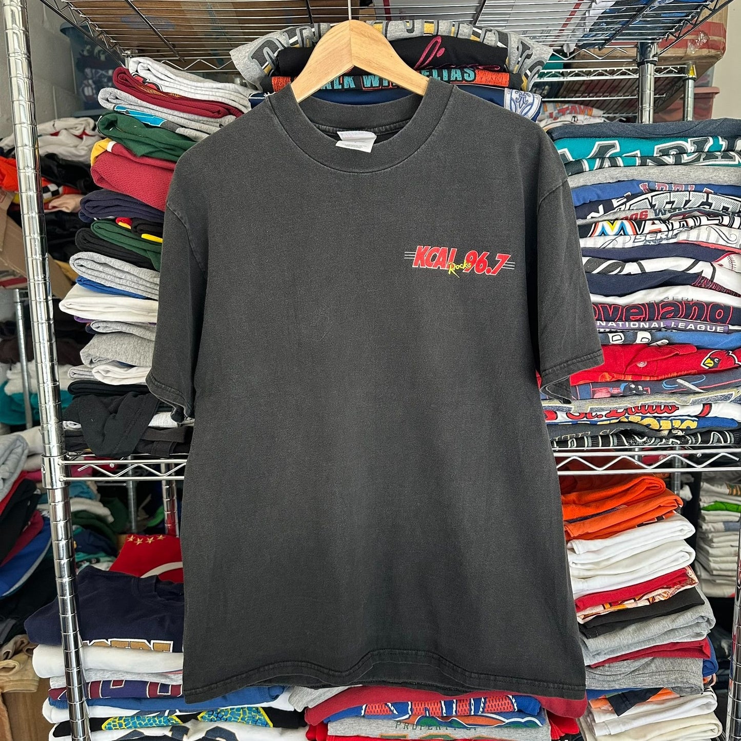 Vintage 90s KCAL FM 96.7 Rock Radio T-Shirt California Grunge Punk Faded Black L