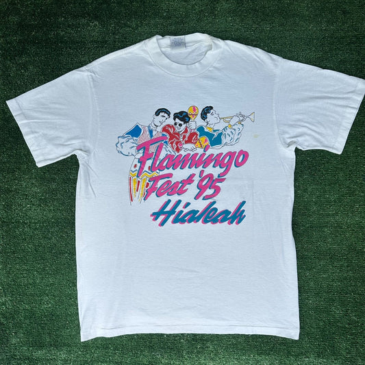 Vintage 90s Flamingo Festival Hialeah 1995 T-Shirt White Single Stitch Colorful