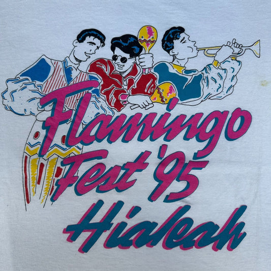 Vintage 90s Flamingo Festival Hialeah 1995 T-Shirt White Single Stitch Colorful