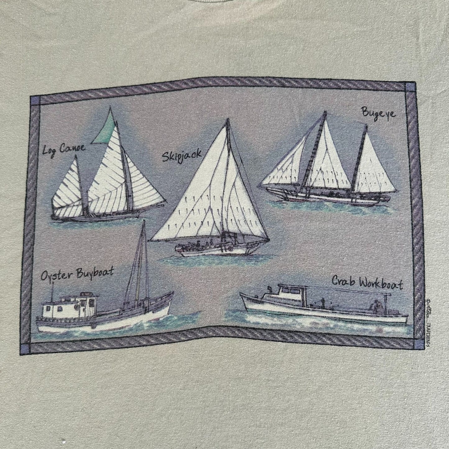 Vintage Y2K Nautical Sailboats T-Shirt Coastal Preppy Beige L Streetwear