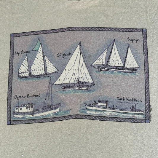 Vintage Y2K Nautical Sailboats T-Shirt Coastal Preppy Beige L Streetwear