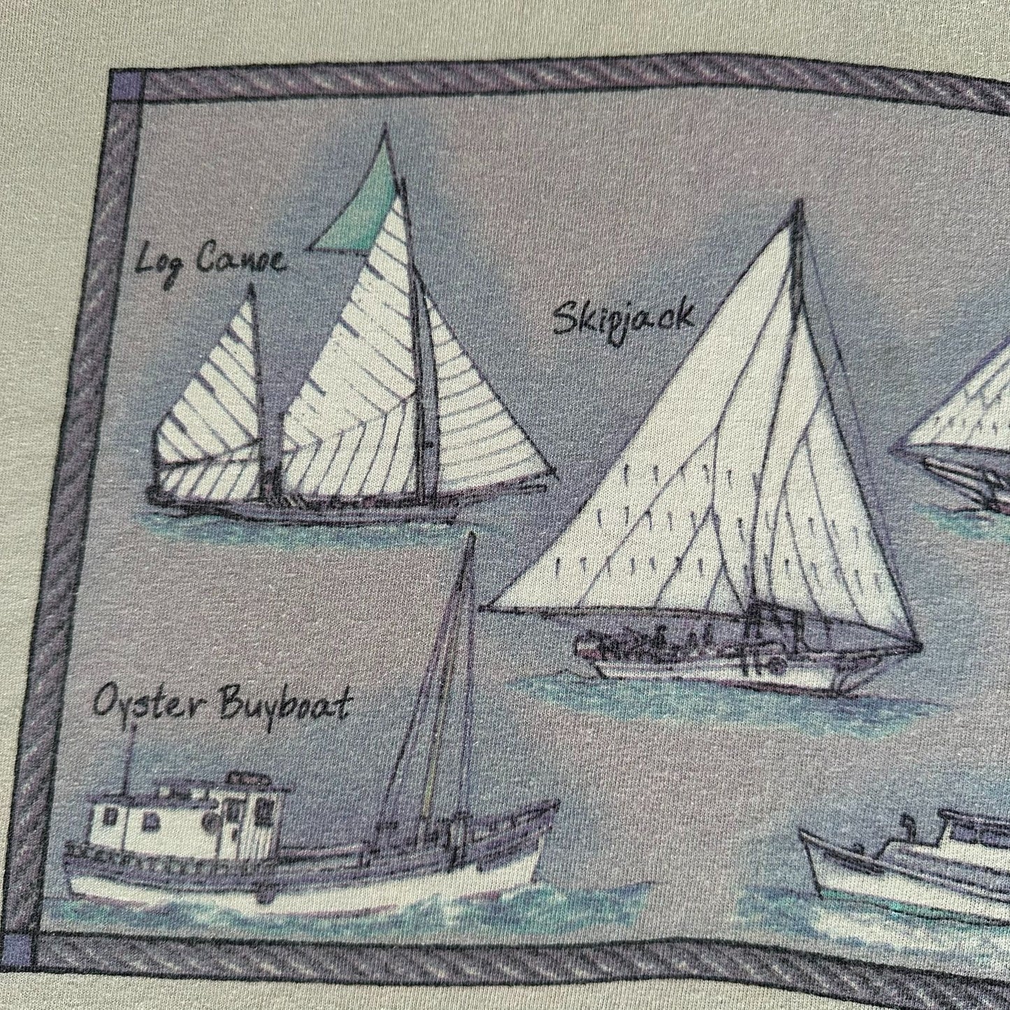 Vintage Y2K Nautical Sailboats T-Shirt Coastal Preppy Beige L Streetwear
