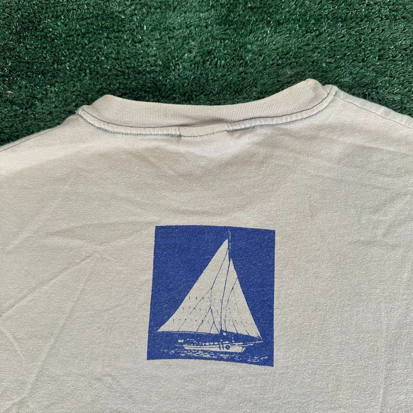 Vintage Y2K Nautical Sailboats T-Shirt Coastal Preppy Beige L Streetwear