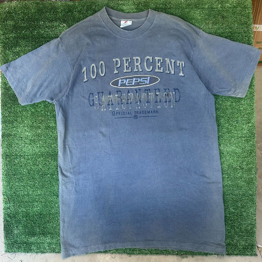 Vintage 90s Pepsi Embroidered T-Shirt Single Stitch Sun Faded Blue L/XL Grunge