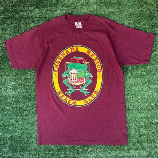 Vintage Y2K Mexico Beach Club Frog T-Shirt Surfer Vacation M Maroon Souvenir
