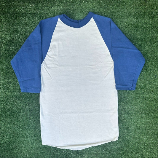 Vintage 70s Russell White/Blue Raglan T-Shirt Blank Plain 3/4 Single Stitch S