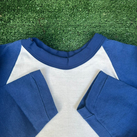 Vintage 70s Russell White/Blue Raglan T-Shirt Blank Plain 3/4 Single Stitch S