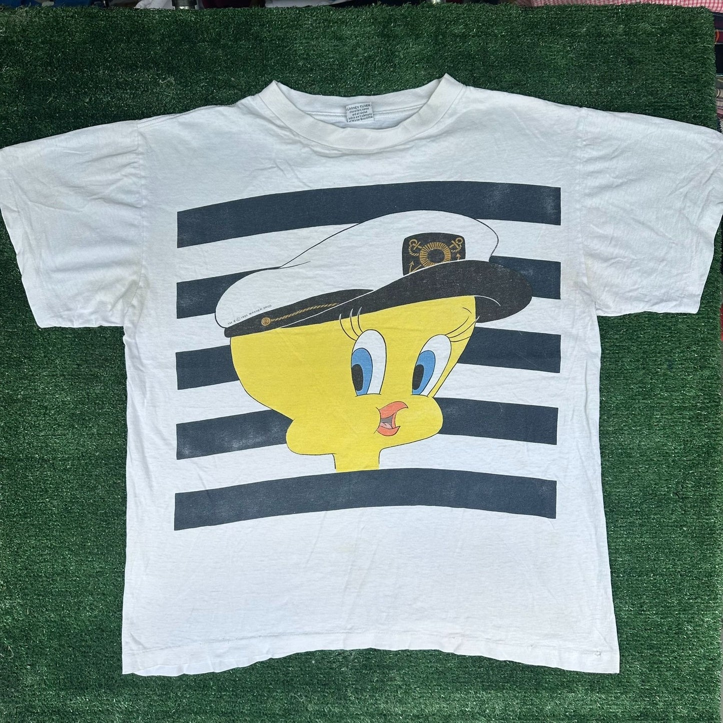 Vintage 90s Tweety Bird Sailor T-Shirt White L Single Stitch Looney Tunes 1995