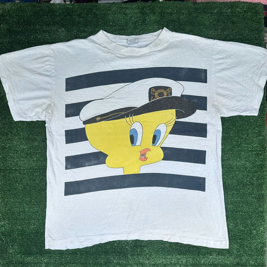 Vintage 90s Tweety Bird Sailor T-Shirt White L Single Stitch Looney Tunes 1995