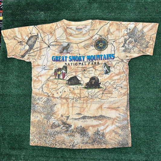 Vintage 90s Smoky Mountains National Park AOP T-Shirt Gorpcore Single Stitch Tan