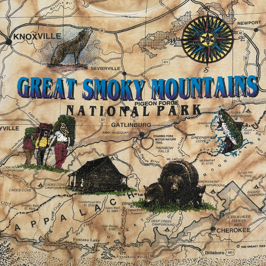 Vintage 90s Smoky Mountains National Park AOP T-Shirt Gorpcore Single Stitch Tan