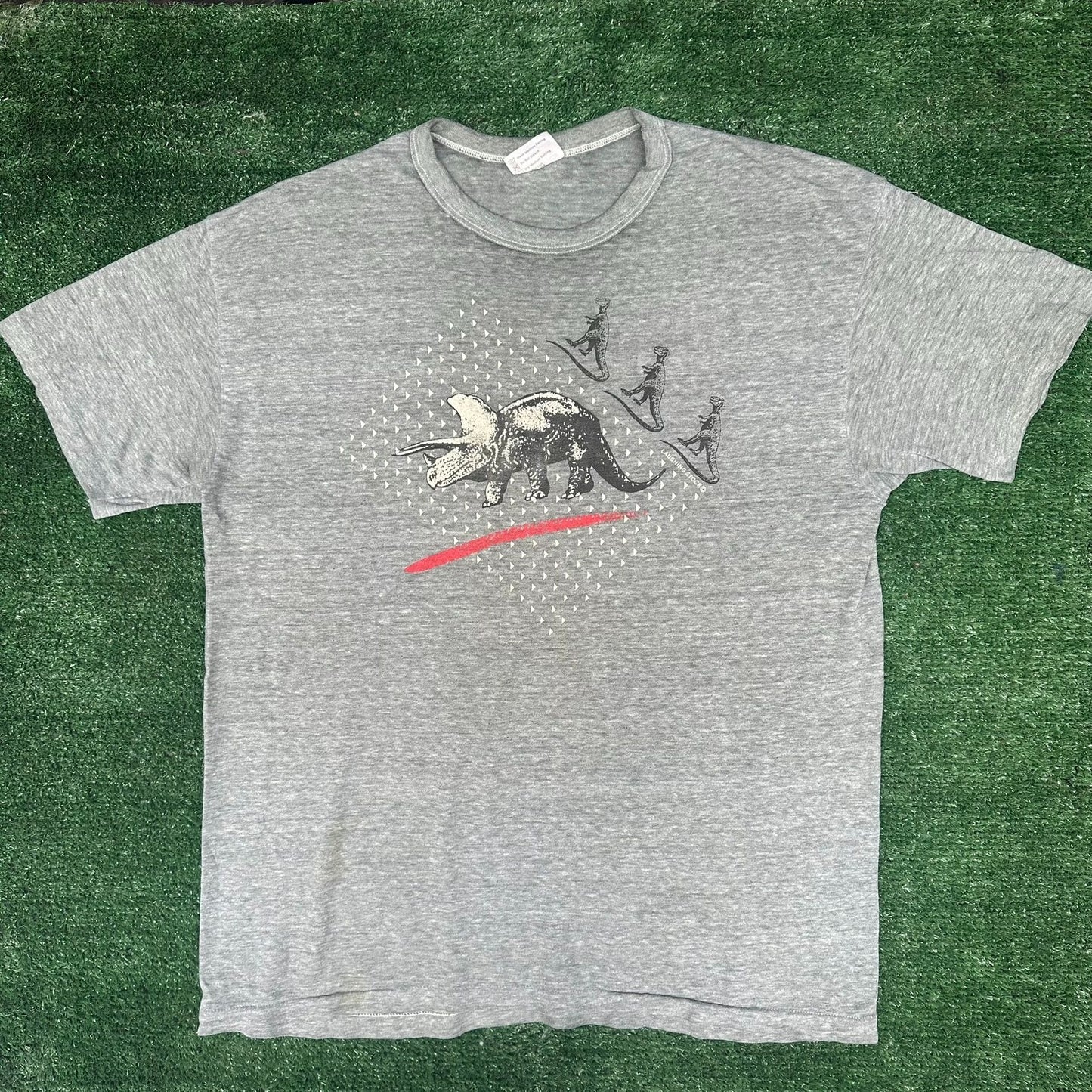 Vintage 80s Triceratops Dinosaurs T-Shirt Paper Thin Gray Single Stitch L Grunge