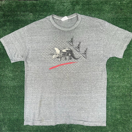 Vintage 80s Triceratops Dinosaurs T-Shirt Paper Thin Gray Single Stitch L Grunge