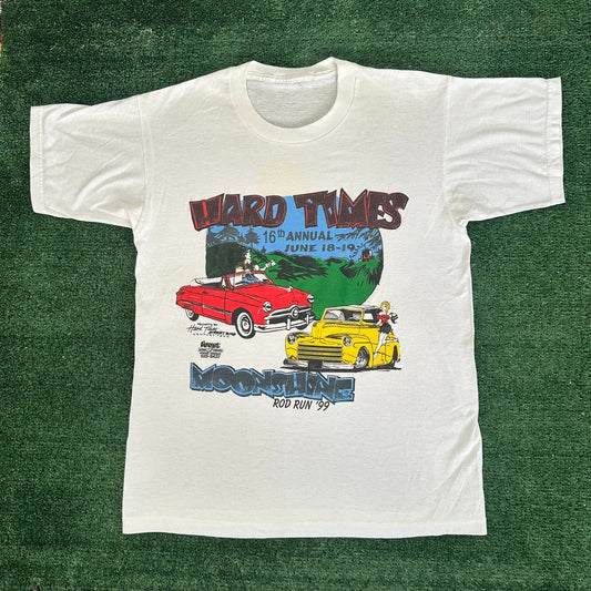 Vintage 90s Moonshine Rod Run Car Show T-Shirt Colorful Retro Americana White M