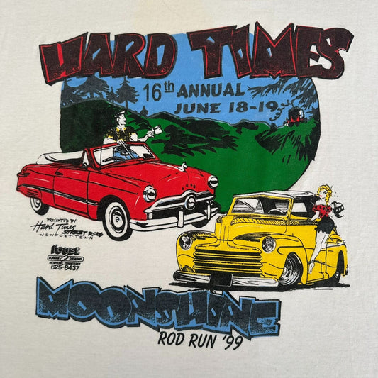 Vintage 90s Moonshine Rod Run Car Show T-Shirt Colorful Retro Americana White M
