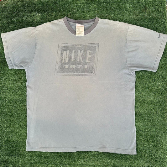 Vintage 90s Nike 1971 Box Logo Ringer T-Shirt Distressed Faded Boxy Gray L