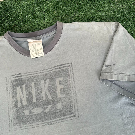 Vintage 90s Nike 1971 Box Logo Ringer T-Shirt Distressed Faded Boxy Gray L