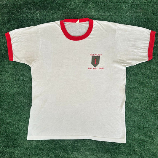 Vintage 80s US Army 1st Infantry Division Ringer T-Shirt 1ID Big Red One White M