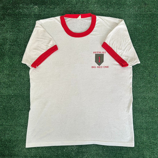 Vintage 80s US Army 1st Infantry Division Ringer T-Shirt 1ID Big Red One White M