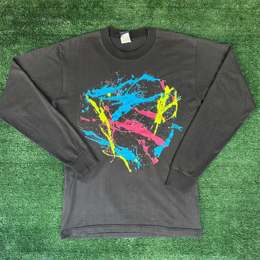 Vintage 90s Serac Neon Splatter Cycling T-Shirt Long Sleeve Faded Black BMX Rave