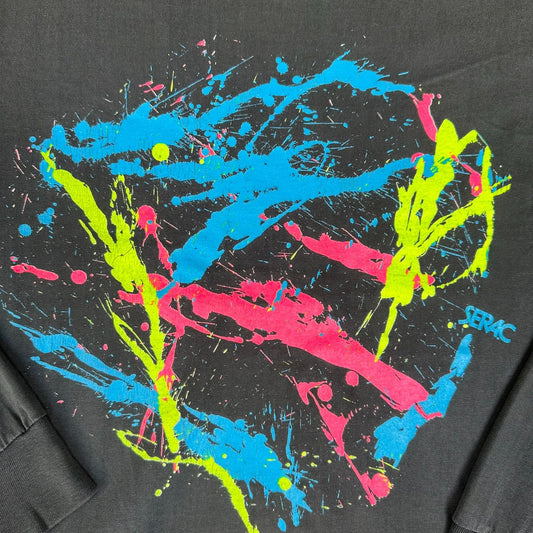 Vintage 90s Serac Neon Splatter Cycling T-Shirt Long Sleeve Faded Black BMX Rave