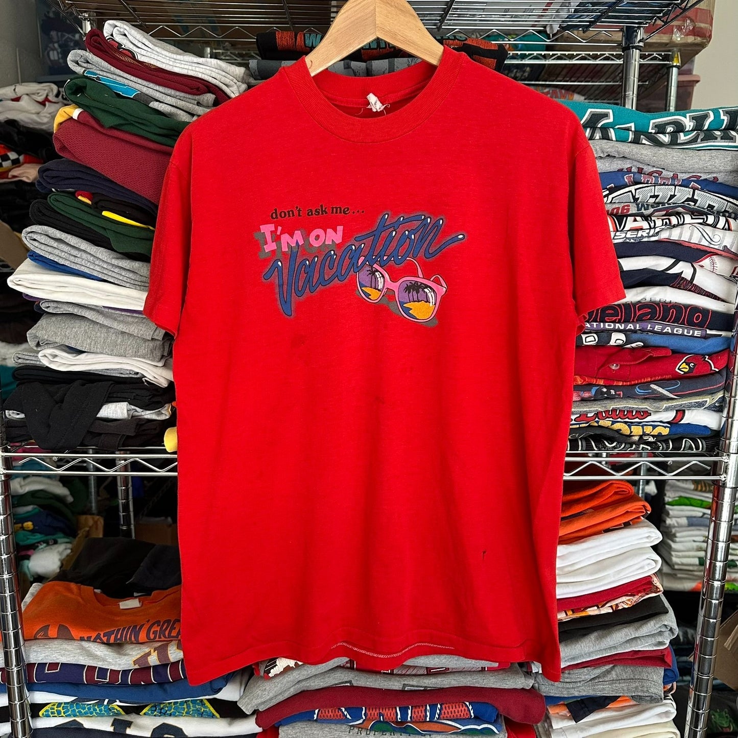 Vintage 80s Vacation Humor T-Shirt Single Stitch Red L Tropical Summer Travel