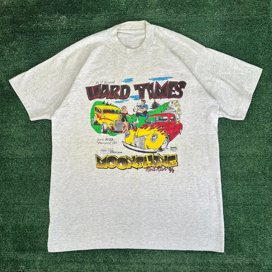 Vintage 90s Moonshine Rod Run Car Show T-Shirt Single Stitch Gray L Americana