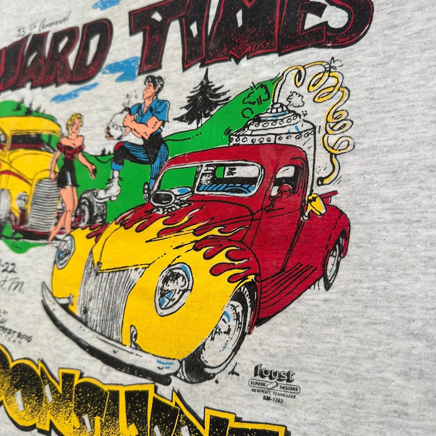 Vintage 90s Moonshine Rod Run Car Show T-Shirt Single Stitch Gray L Americana