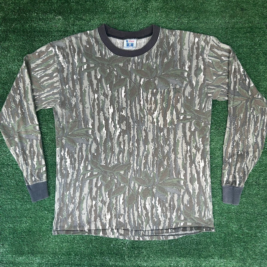 Vintage 80s Realtree Bark Camo T-Shirt Long Sleeve Single Stitch Outdoor Hunting