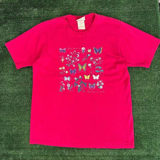 Vintage 90s Butterfly Wildflower Guide T-Shirt Cottage Nature Gorpcore Magenta M