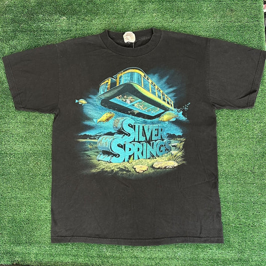 Vintage 90s Silver Springs State Park T-Shirt Florida Glass Boat Fish Black M