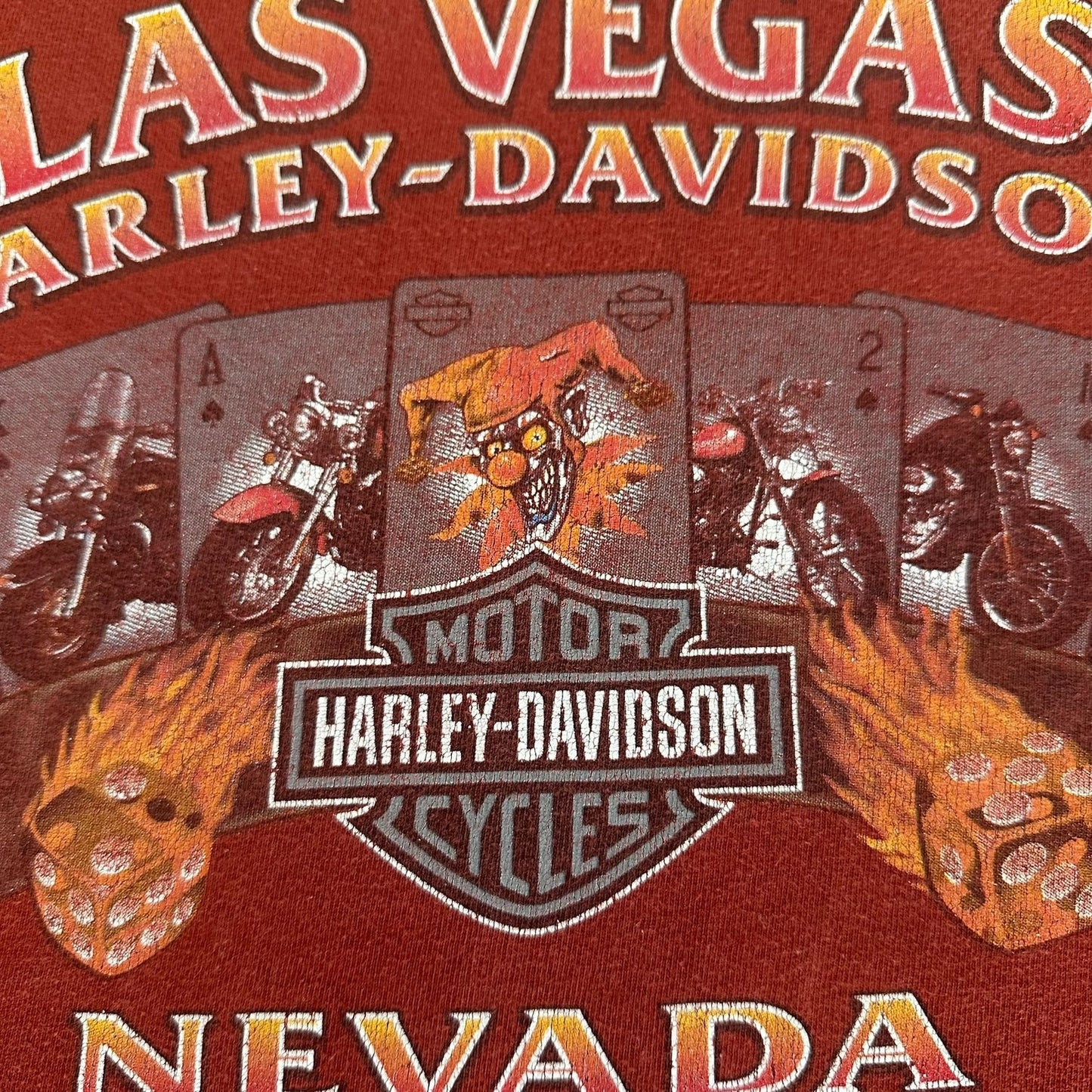 Vintage Y2K Harley Davidson Las Vegas T-Shirt Flames Jester Red XXL Moto Grunge