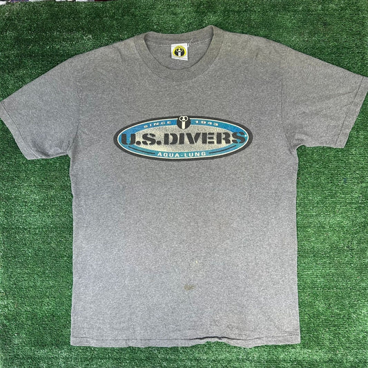 Vintage 90s US Divers Aqua Lung T-Shirt Gray L Single Stitch Surfer Scuba Beach