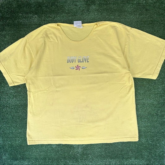 Vintage 80s Body Glove Pastel Floral T-Shirt Surf Beach Swim Yellow Boxy L