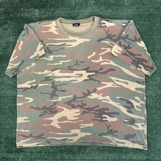 Vintage 90s Rothco Woodland Camo T-Shirt Sun Faded Boxy XXL Gorpcore Grunge Punk