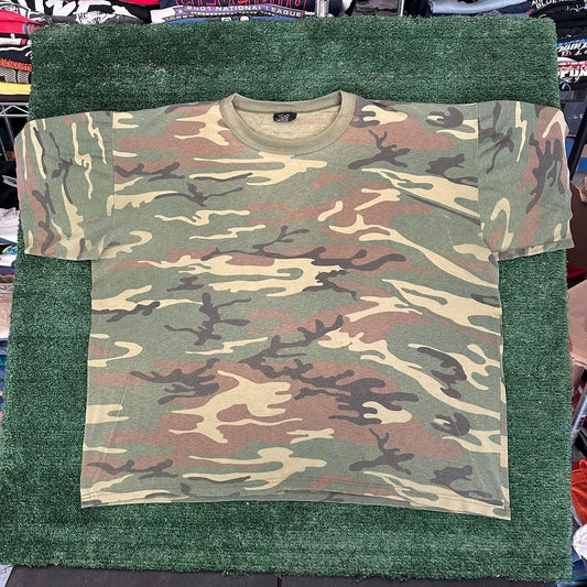 Vintage 90s Rothco Woodland Camo T-Shirt Sun Faded Boxy XXL Gorpcore Grunge Punk