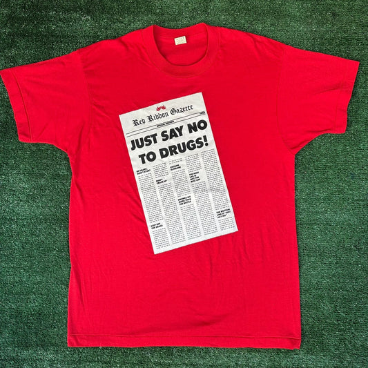 Vintage 80s Say No To Drugs T-Shirt Single Stitch Red L/XL Ironic Humor DARE
