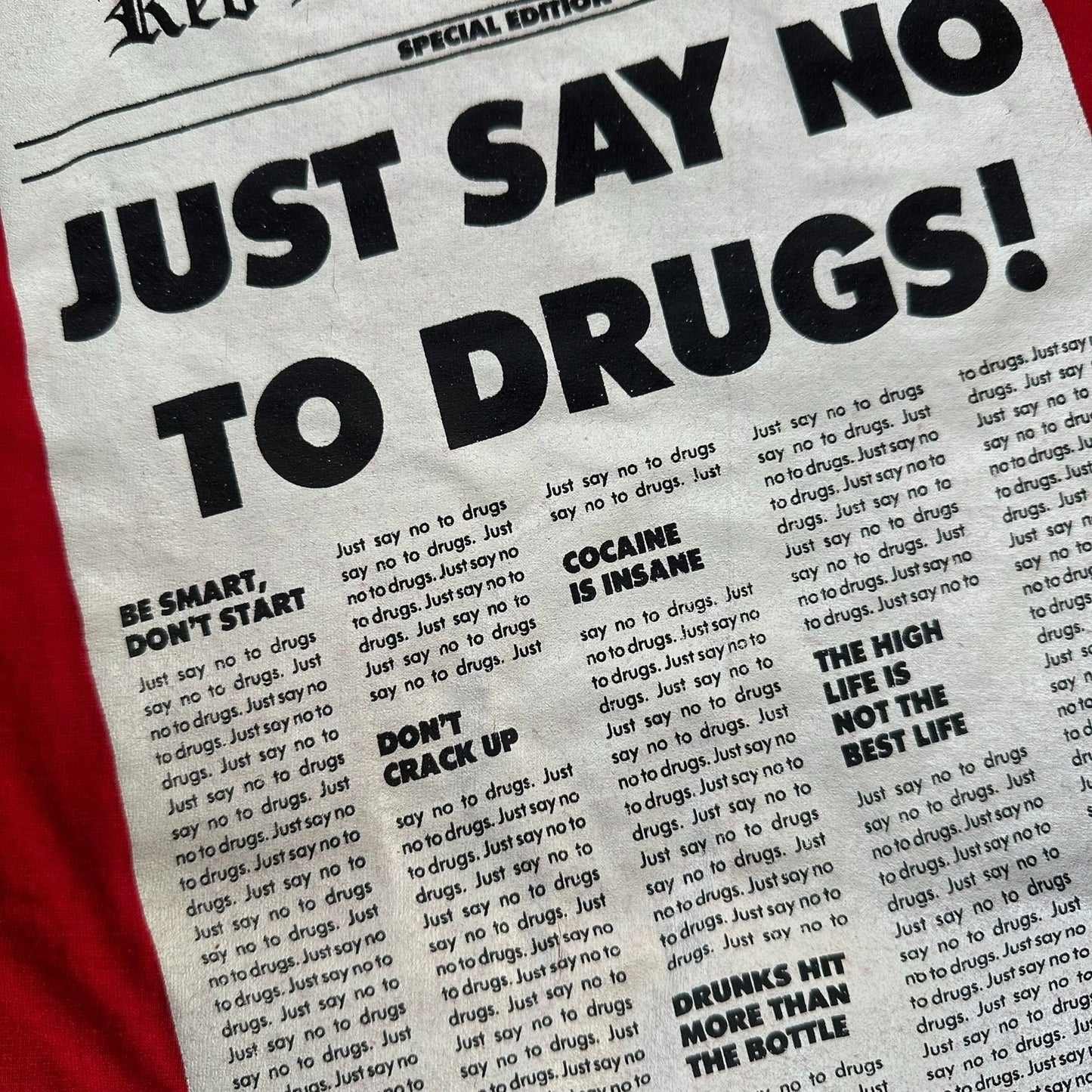 Vintage 80s Say No To Drugs T-Shirt Single Stitch Red L/XL Ironic Humor DARE