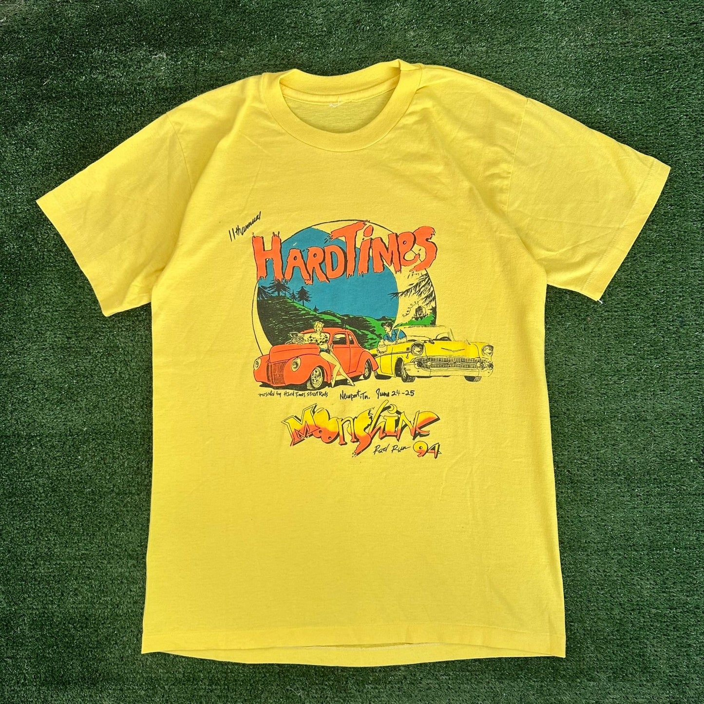 Vintage 90s Moonshine Rod Run Car Show T-Shirt Single Stitch Americana Yellow M