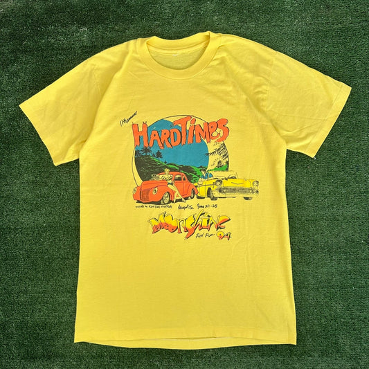 Vintage 90s Moonshine Rod Run Car Show T-Shirt Single Stitch Americana Yellow M
